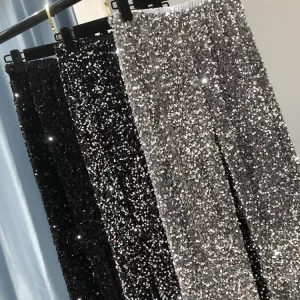 Fashion New Y2k Sequins Pants - Elastic Waist Wide Leg Trousers, Shiny High Streetwear