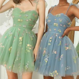 Floral Slip Dress, Embroidered Tulle Fairy Dress, Homecoming Party Dress, Beach Milkmaid Dress