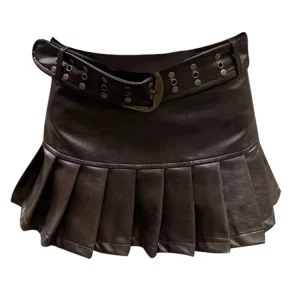 French Gyaru 2000s Aesthetic Y2k Faux Leather Mini Skirt with Belt