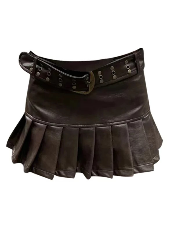 French Gyaru 2000s Aesthetic Y2k Faux Leather Mini Skirt with Belt