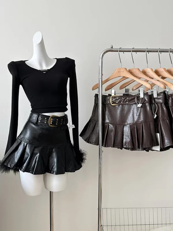 French Gyaru 2000s Aesthetic Y2k Faux Leather Mini Skirt with Belt