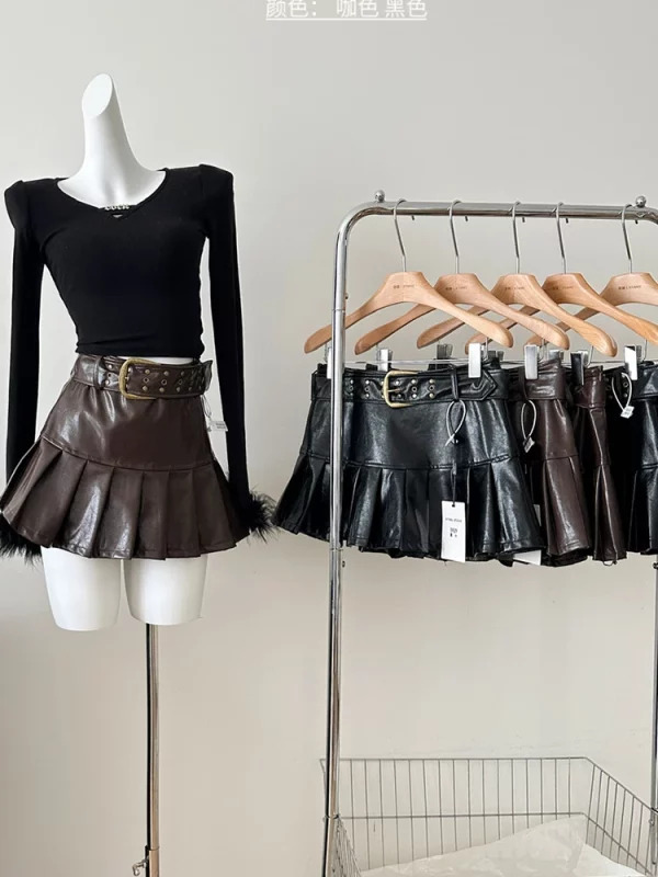 French Gyaru 2000s Aesthetic Y2k Faux Leather Mini Skirt with Belt