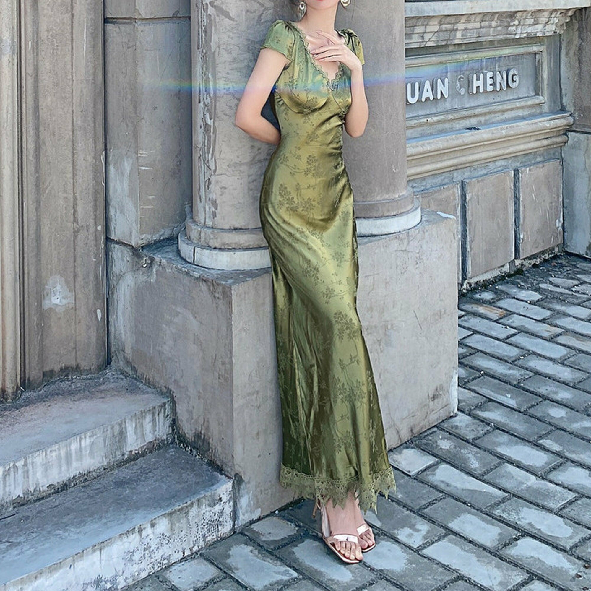 French Vintage Green Satin Long Dress, V Neck Backless Cottagecore Fairy Milkmaid Prairie Y2K Prom Dress