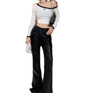 Gothic Dark Academia Flare Pants - Faux Leather High Waist Pu Trousers - Y2k Aesthetic