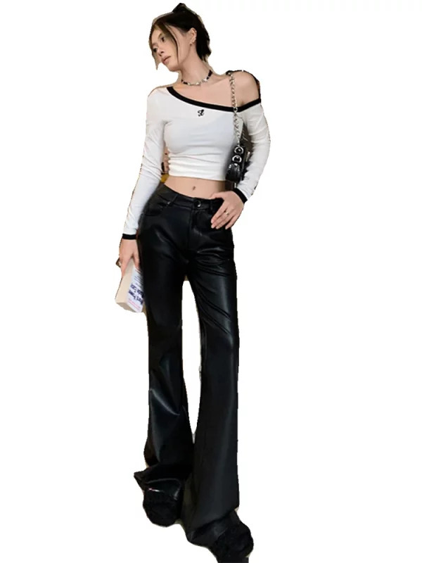 Gothic Dark Academia Flare Pants - Faux Leather High Waist Pu Trousers - Y2k Aesthetic