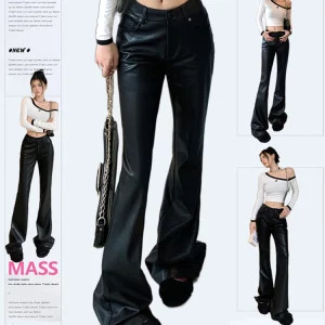 Gothic Dark Academia Flare Pants - Faux Leather High Waist Pu Trousers - Y2k Aesthetic