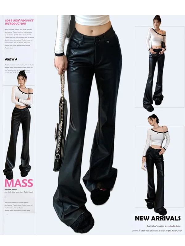 Gothic Dark Academia Flare Pants - Faux Leather High Waist Pu Trousers - Y2k Aesthetic