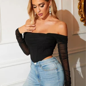 High Quality Y2k Blue Corset Crop Top - Sexy Off Shoulder Mesh Boycon for Summer Party Clubwear