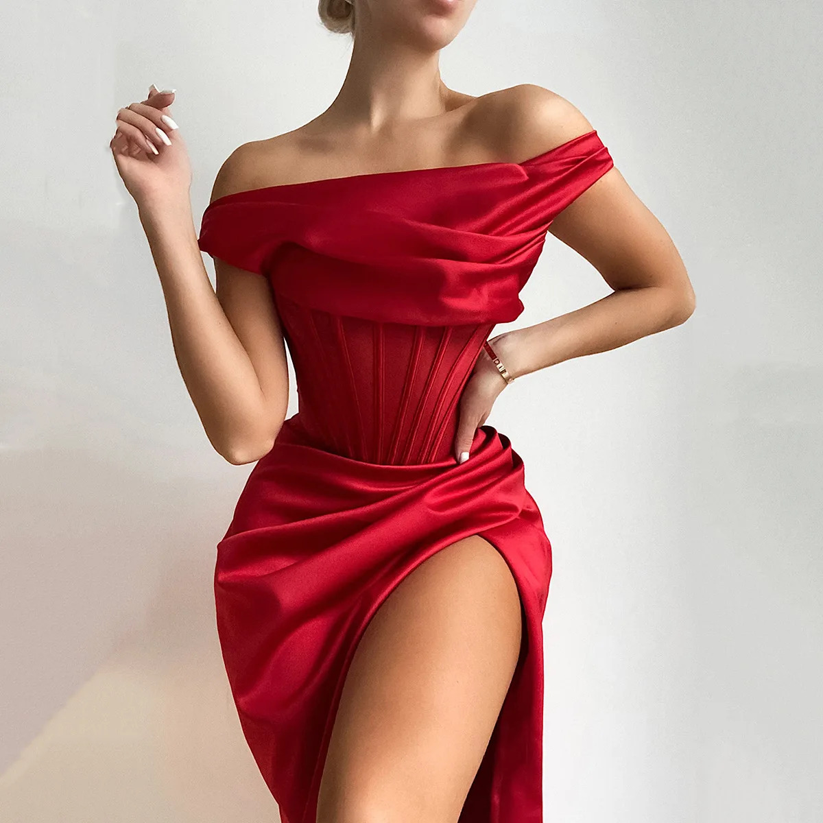 High Quality Y2K Satin Bodycon Dress - Elegant Red Off-Shoulder Party Outfit, 90s Grunge Fashion