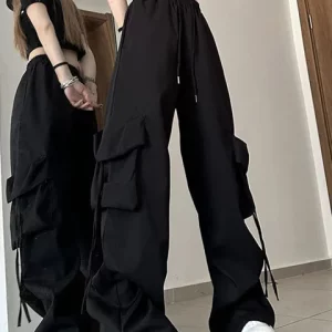 High Waist Baggy Cargo Pants for Women - Y2K Fashion, 90s Grunge, Retro Style, Flap Pocket Wide Leg Trous