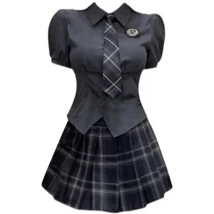 Japanese Preppy Style 2-Piece Set: Short Sleeve Shirt with Tie + Mini Plaid Skirt - Gyaru Y