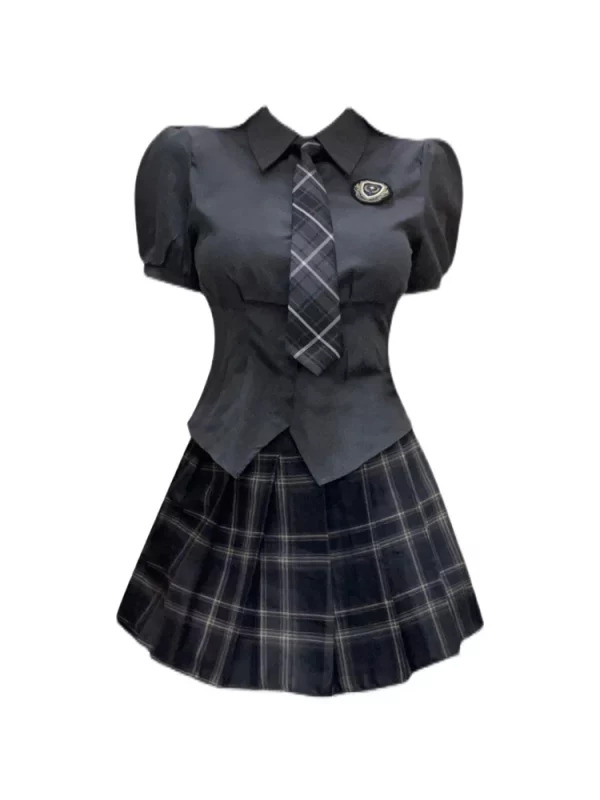 Japanese Preppy Style 2-Piece Set: Short Sleeve Shirt with Tie + Mini Plaid Skirt - Gyaru Y