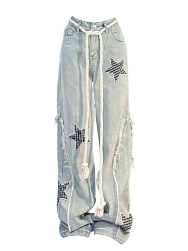 Japanese Vintage Y2k Streetwear Denim Pants - Grunge Star Cyber Jeans - Harajuku Fashion Trashy Long T