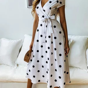 Lossky Y2K Summer Women Vintage Polka Dot Dress - Sexy V-neck, Short Sleeve, Retro 90s Fashion