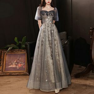 Navy Blue Embroidered Sequin Prom Dress, Puff Sleeve Fairy Gown, Elegant Evening & Homecoming Dress