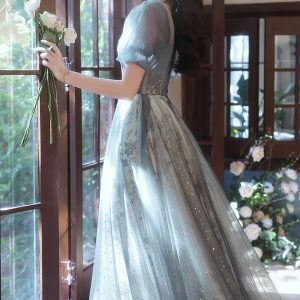 Navy Blue Embroidered Sequin Prom Dress, Puff Sleeve Fairy Gown, Elegant Evening & Homecoming Dress