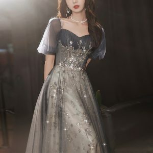 Navy Blue Embroidered Sequin Prom Dress, Puff Sleeve Fairy Gown, Elegant Evening & Homecoming Dress