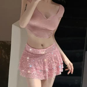 New 2024 Y2K Glitter Sequin Pleated Mini Skirt - Sexy Party, Club, and Streetwear Fashion