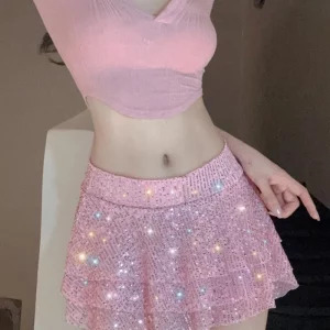 New 2024 Y2K Glitter Sequin Pleated Mini Skirt - Sexy Party, Club, and Streetwear Fashion