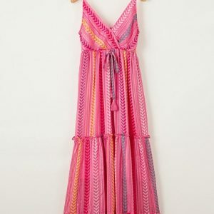 Pink Tribal Tassel Tie V Neck Maxi Dress - Boho Summer Beach Sundress with Slit