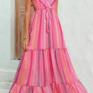 Pink Tribal Tassel Tie V Neck Maxi Dress - Boho Summer Beach Sundress with Slit