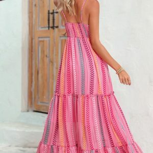 Pink Tribal Tassel Tie V Neck Maxi Dress - Boho Summer Beach Sundress with Slit