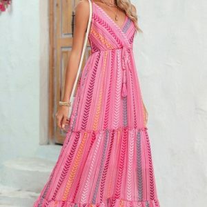 Pink Tribal Tassel Tie V Neck Maxi Dress - Boho Summer Beach Sundress with Slit