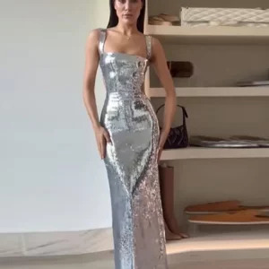 Sexy Y2K Backless Silvery Maxi Dress - High Waist Bodycon Sleeveless Party Outfit