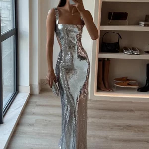 Sexy Y2K Backless Silvery Maxi Dress - High Waist Bodycon Sleeveless Party Outfit