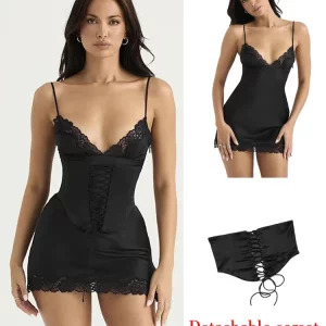 Sexy Y2K Lace Satin Slip Mini Dress with Corset, Spaghetti Strap V Neck, Black Party Dress