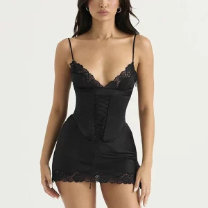 Sexy Y2K Lace Satin Slip Mini Dress with Corset, Spaghetti Strap V Neck, Black Party Dress