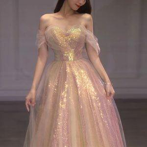 Starry Pink Sequin Tulle Dress - Romantic Fairy Off Shoulder Princess Gown for Prom, Graduation, Wedding