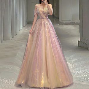 Starry Pink Sequin Tulle Dress - Romantic Fairy Off Shoulder Princess Gown for Prom, Graduation, Wedding