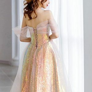 Starry Pink Sequin Tulle Dress - Romantic Fairy Off Shoulder Princess Gown for Prom, Graduation, Wedding