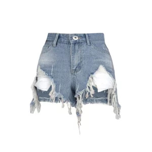 Summer Women Dark Academia 2000s Gyaru Jean Shorts - Low Rise Tassels Ripped Denim Hot Pants