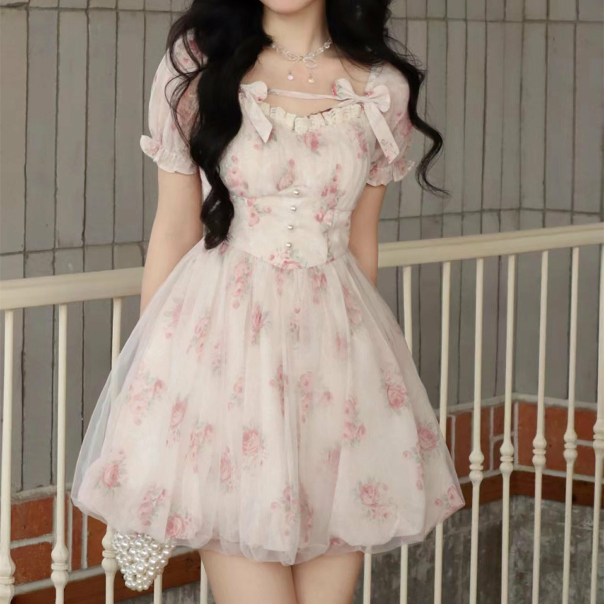 Sweet Pink Bow Floral Fairy Dress - Tulle, Puff Sleeve, Corset, Cottagecore, Prom, Princess Style