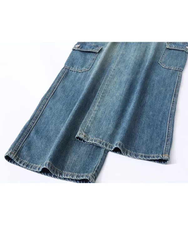 Vintage American Wide Leg Cargo Pants in Washed Blue Denim - Grunge Y2K Streetwear