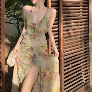 Vintage Green Floral Slip Dress - Backless V-neck Long Summer Beach Dress, Milkmaid Fairy Style