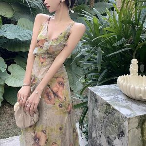 Vintage Green Floral Slip Dress - Backless V-neck Long Summer Beach Dress, Milkmaid Fairy Style