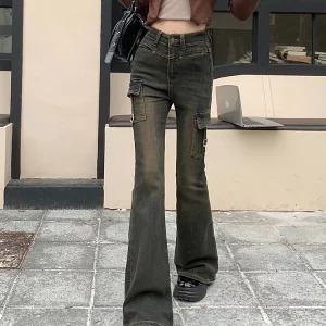 Vintage High Waist Denim Cargo Pants - Y2K Flare Jeans for Women