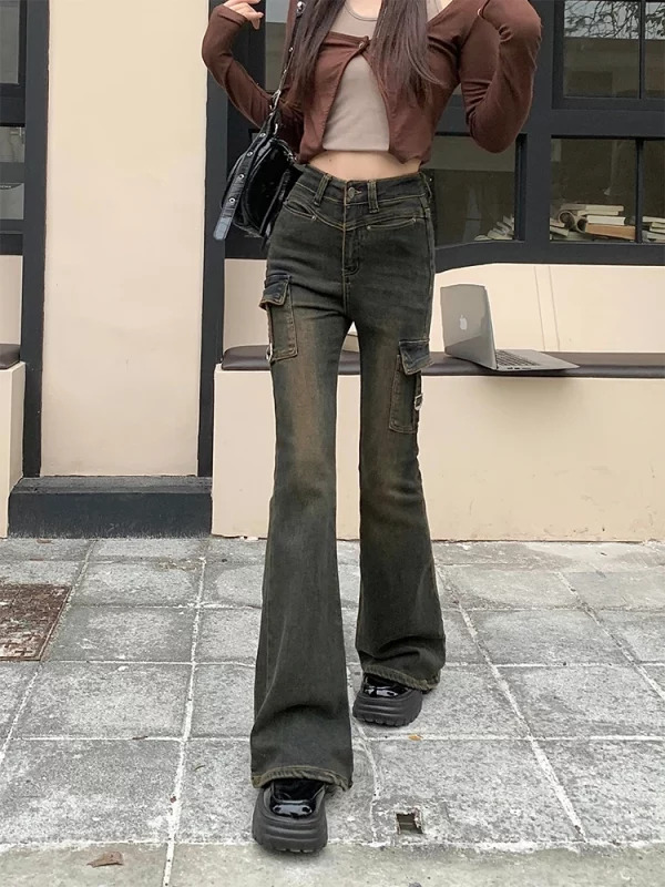 Vintage High Waist Denim Cargo Pants - Y2K Flare Jeans for Women