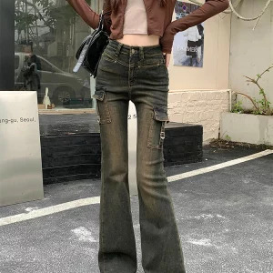 Vintage High Waist Denim Cargo Pants - Y2K Flare Jeans for Women