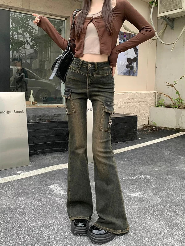 Vintage High Waist Denim Cargo Pants - Y2K Flare Jeans for Women