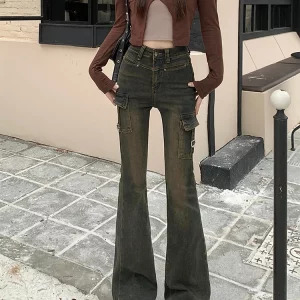 Vintage High Waist Denim Cargo Pants - Y2K Flare Jeans for Women