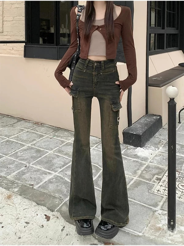 Vintage High Waist Denim Cargo Pants - Y2K Flare Jeans for Women