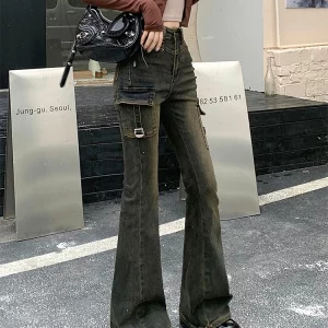 Vintage High Waist Denim Cargo Pants - Y2K Flare Jeans for Women