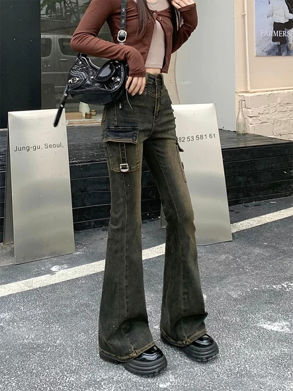 Vintage High Waist Denim Cargo Pants - Y2K Flare Jeans for Women