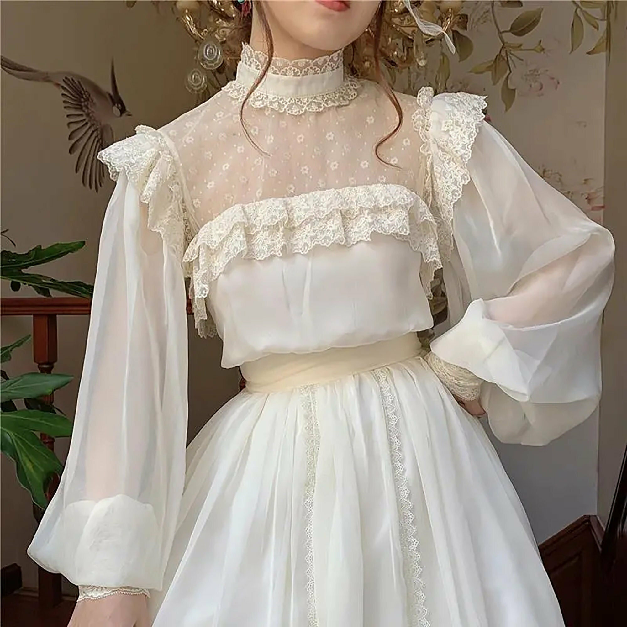 Vintage Palace Style Chiffon Dress - Lace Princess, Fairy, Milkmaid, Long Sleeve Tulle, Cottagecore