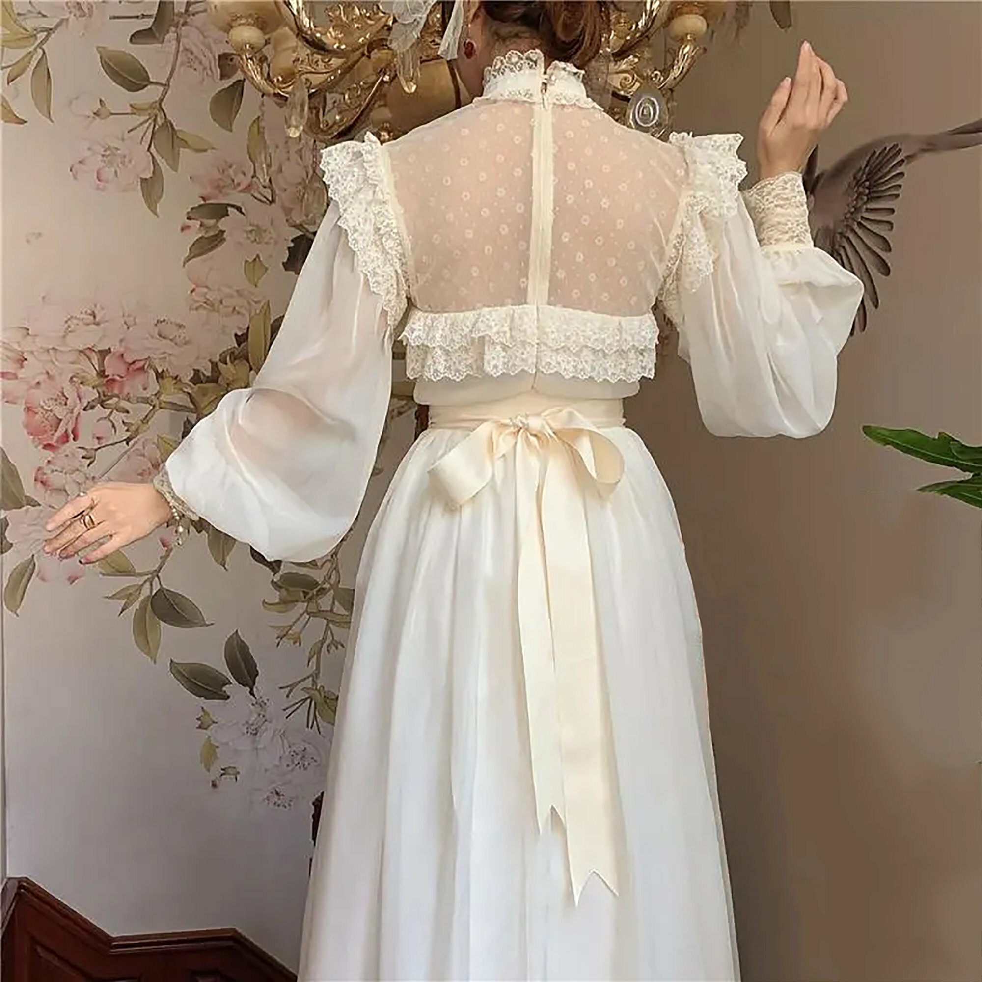 Vintage Palace Style Chiffon Dress - Lace Princess, Fairy, Milkmaid, Long Sleeve Tulle, Cottagecore