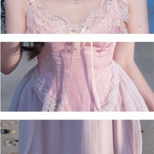 Vintage Rose Lace Corset Party Dress - Pink Dream Princess, French Fairy, Birthday Prom, Beach Holiday